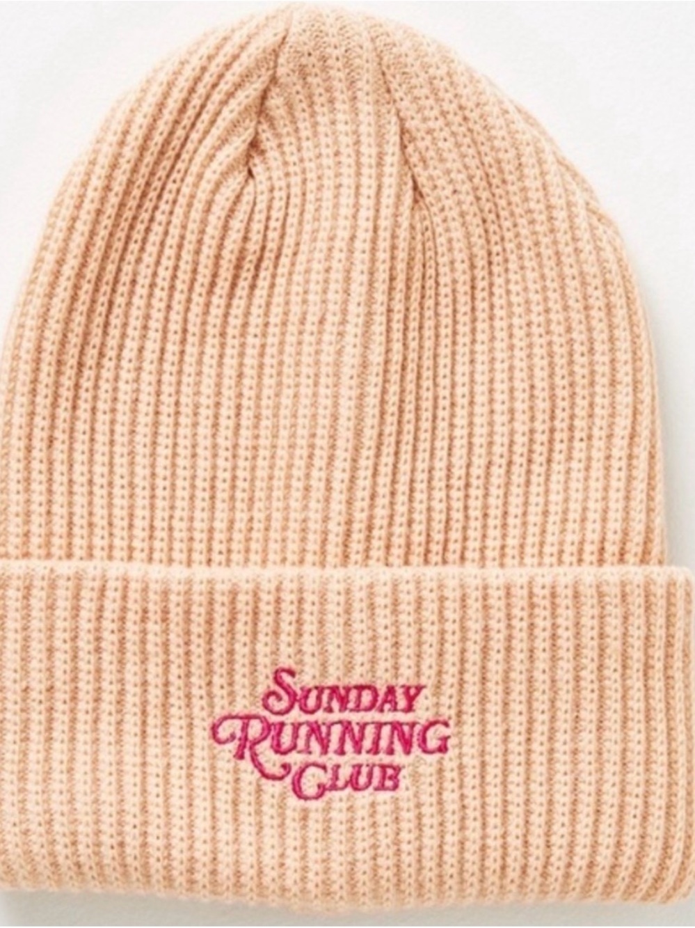 Anthropologie Peach Knit Beanie with Pink Embroidered Logo